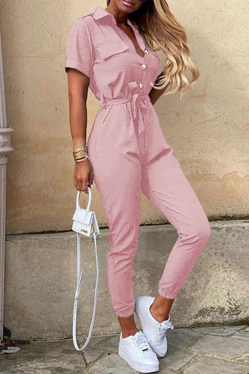 Casual Everyday Solid Frenulum with Belt Turndown Collar Regular Jumpsuits(10 colores)
