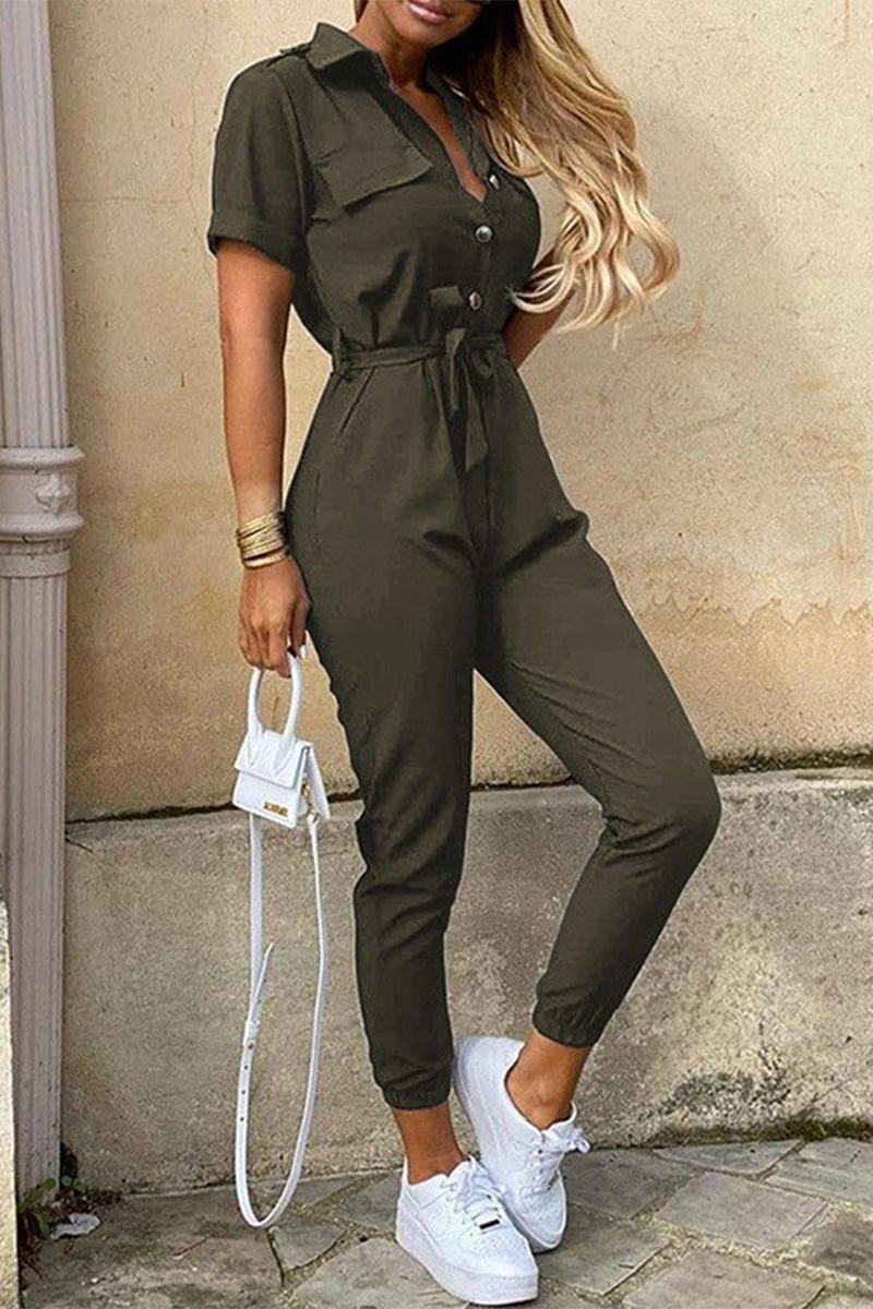 Casual Everyday Solid Frenulum with Belt Turndown Collar Regular Jumpsuits(10 colores)