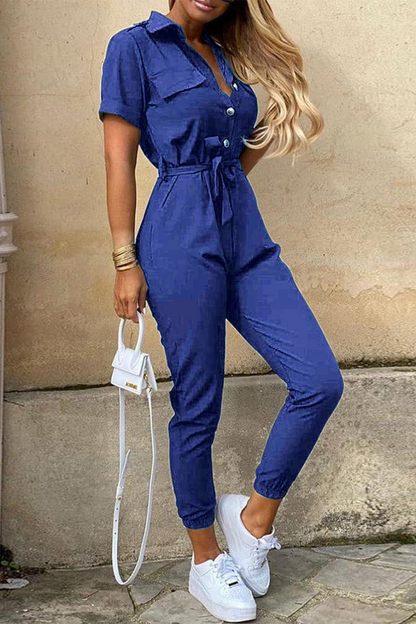 Casual Everyday Solid Frenulum with Belt Turndown Collar Regular Jumpsuits(10 colores)