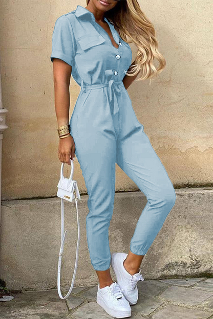 Casual Everyday Solid Frenulum with Belt Turndown Collar Regular Jumpsuits(10 colores)