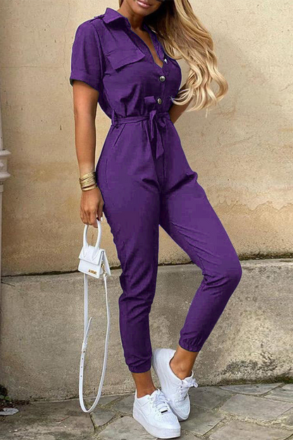 Casual Everyday Solid Frenulum with Belt Turndown Collar Regular Jumpsuits(10 colores)