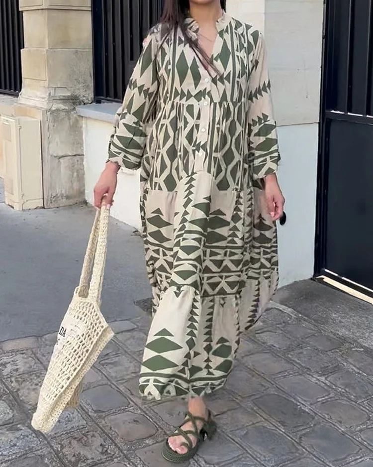 Vestido con estampado, manga larga y escote en V
