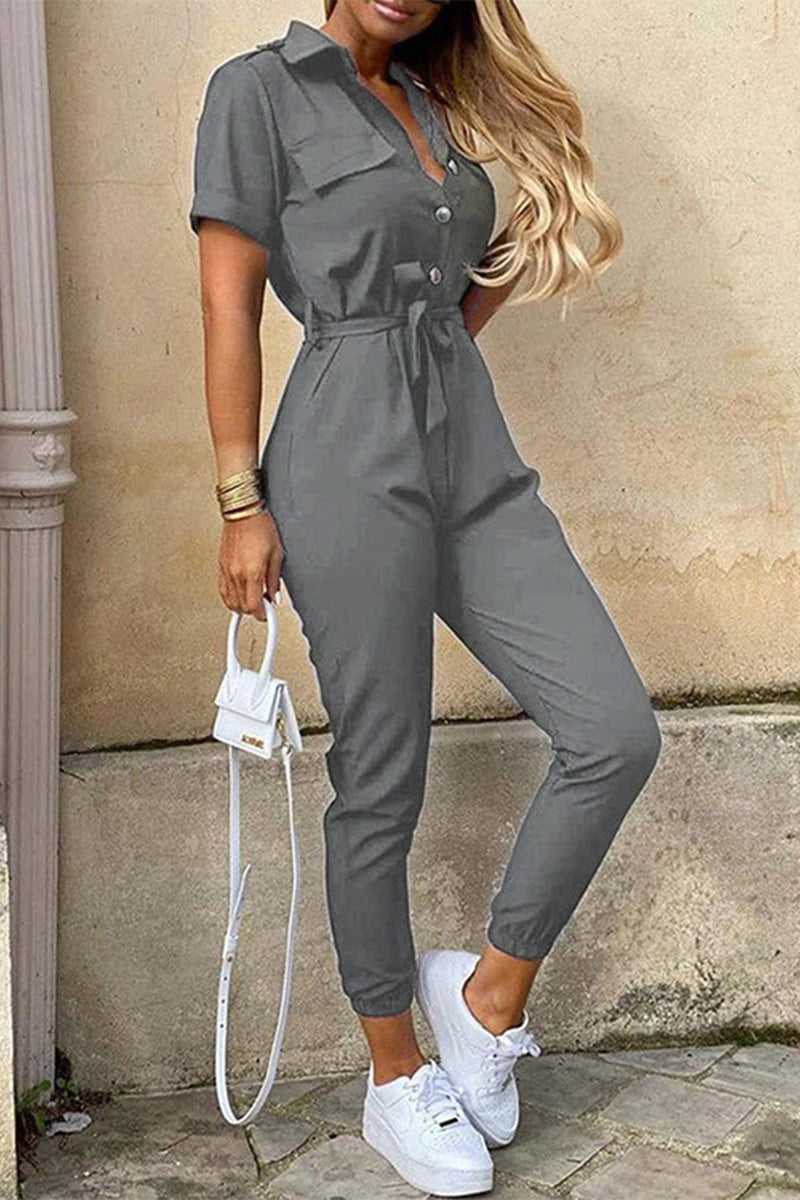Casual Everyday Solid Frenulum with Belt Turndown Collar Regular Jumpsuits(10 colores)