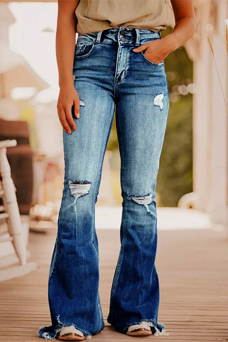 Casual Street Solid Ripped vaqueros make-old con cintura alta (3 colores)