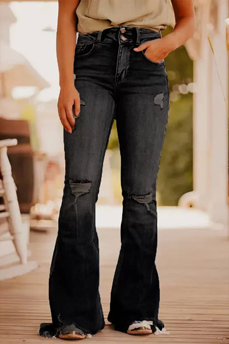 Casual Street Solid Ripped vaqueros make-old con cintura alta (3 colores)