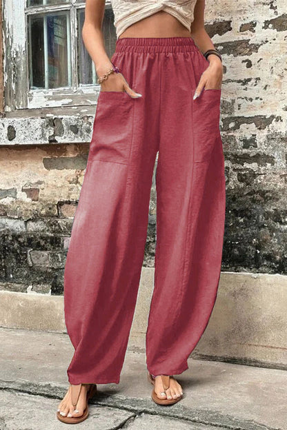 Casual-casual-diario-bolsillos-sueltos-cintura-alta Pantalón Harlan de color liso (11 colores)