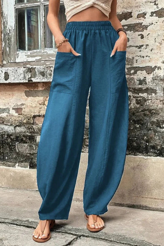 Casual-casual-diario-bolsillos-sueltos-cintura-alta Pantalón Harlan de color liso (11 colores)