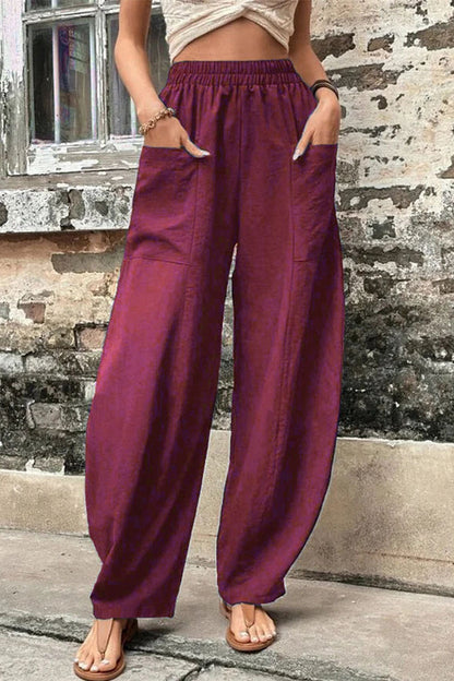 Casual-casual-diario-bolsillos-sueltos-cintura-alta Pantalón Harlan de color liso (11 colores)