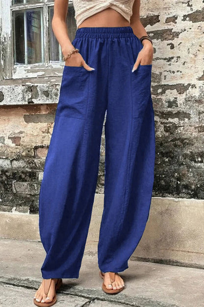 Casual-casual-diario-bolsillos-sueltos-cintura-alta Pantalón Harlan de color liso (11 colores)
