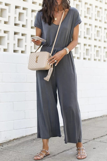 Casual Everyday Fixed Pocket Frenulum V Neck Jumpsuits