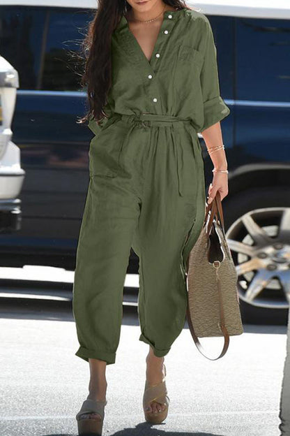Casual Everyday Solid Frenulum Turn-down Collar Regular Jumpsuits (3 colores)