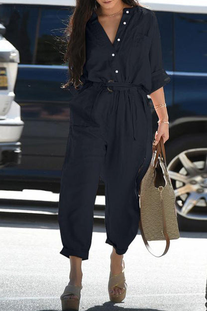 Casual Everyday Solid Frenulum Turn-down Collar Regular Jumpsuits (3 colores)