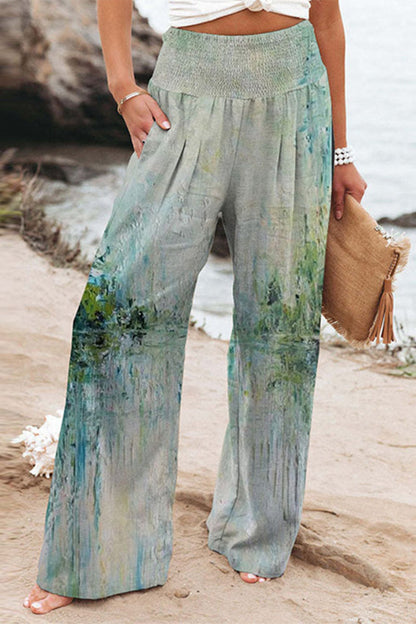 Casual Holiday Print Patchwork Pantalones sueltos de cintura alta y pierna ancha
