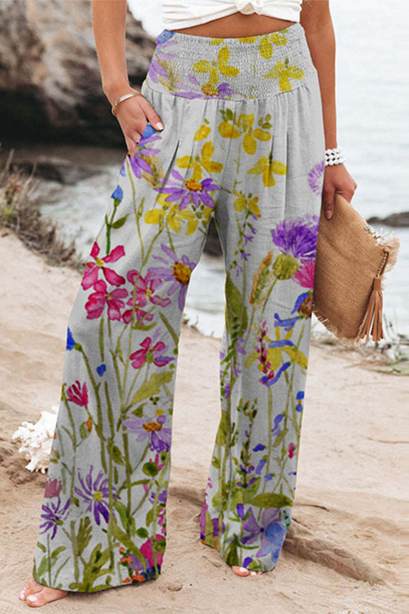 Casual Holiday Print Patchwork Pantalones sueltos de cintura alta y pierna ancha