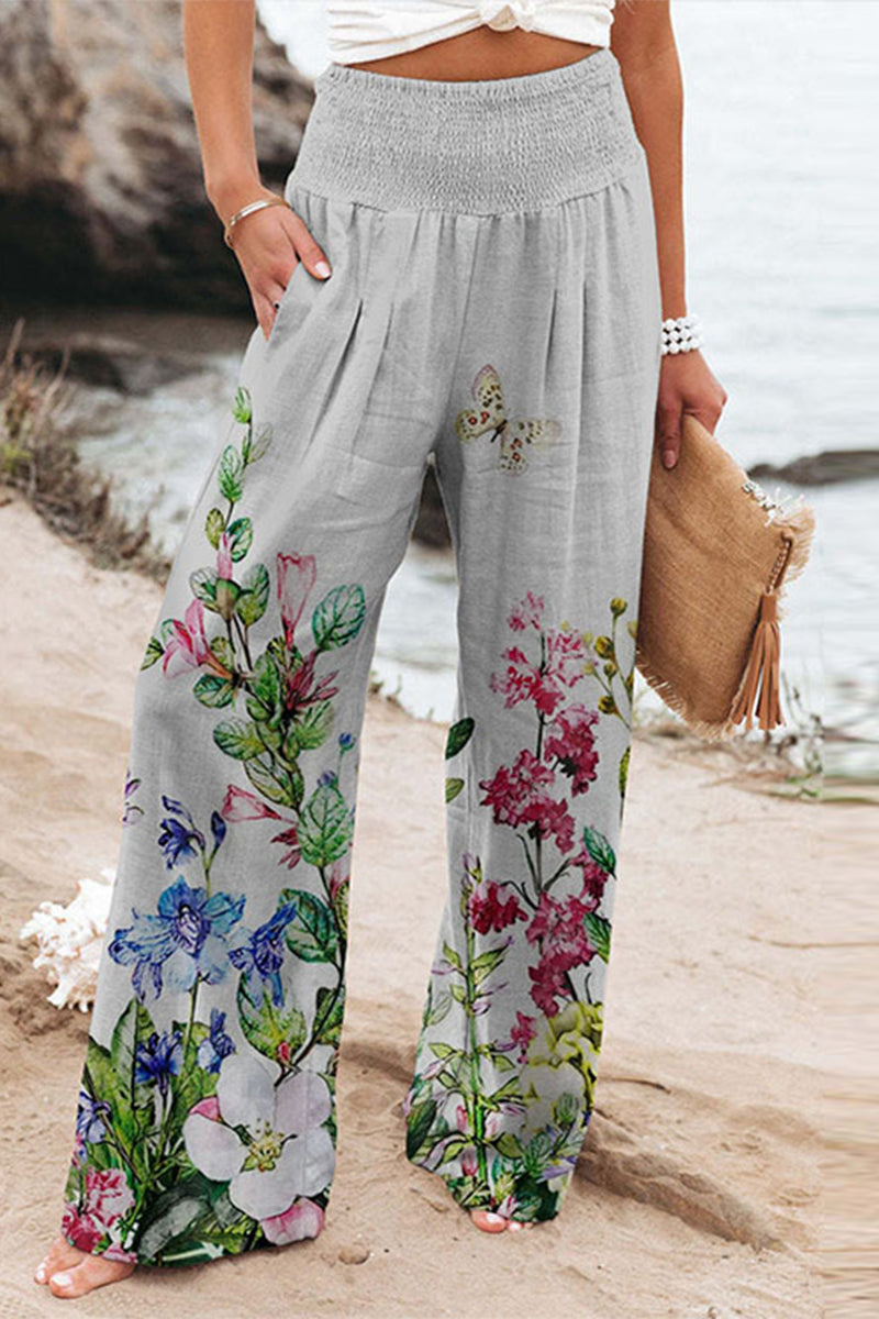 Casual Holiday Print Patchwork Pantalones sueltos de cintura alta y pierna ancha