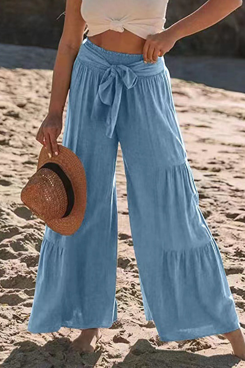 Casual-Vacaciones Sólido Vendaje Pliegues Suelto Cintura Alta Pierna Ancha Color Sólido Pantalones