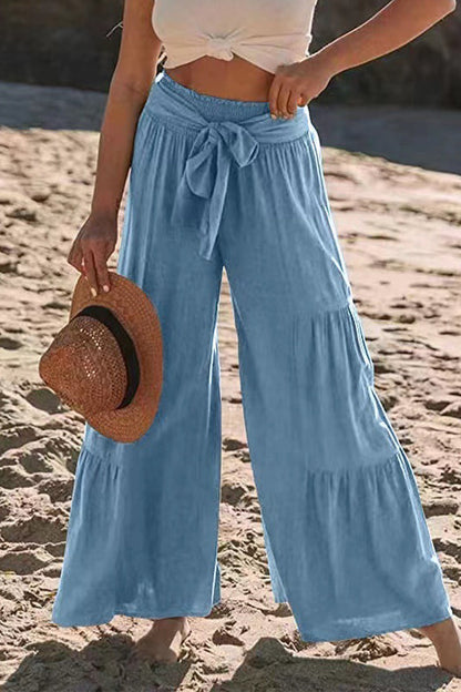 Casual-Vacaciones Sólido Vendaje Pliegues Suelto Cintura Alta Pierna Ancha Color Sólido Pantalones