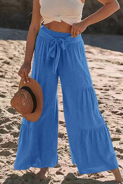 Casual-Vacaciones Sólido Vendaje Pliegues Suelto Cintura Alta Pierna Ancha Color Sólido Pantalones