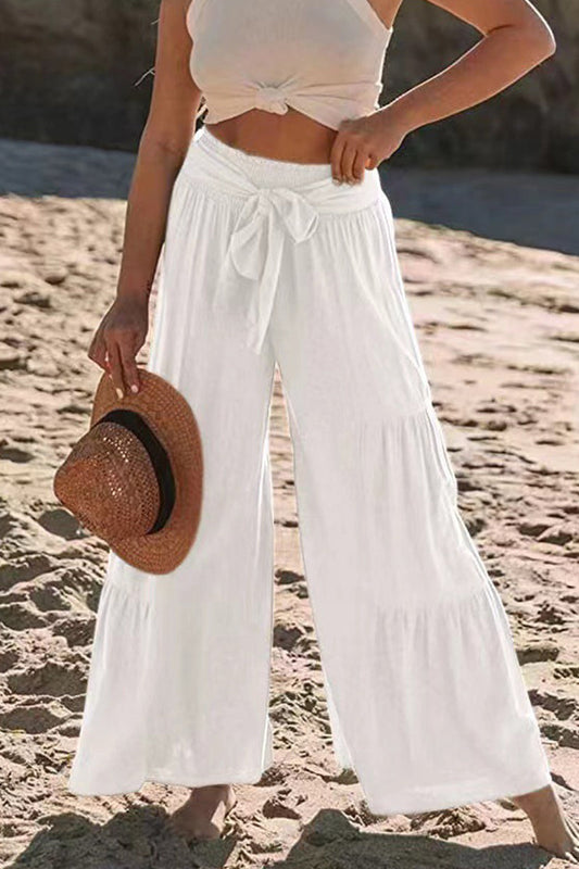 Casual-Vacaciones Sólido Vendaje Pliegues Suelto Cintura Alta Pierna Ancha Color Sólido Pantalones