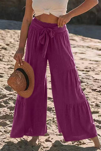 Casual-Vacaciones Sólido Vendaje Pliegues Suelto Cintura Alta Pierna Ancha Color Sólido Pantalones