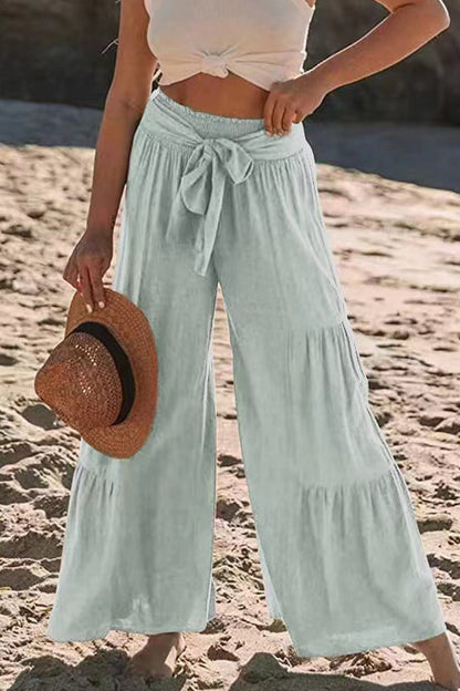Casual-Vacaciones Sólido Vendaje Pliegues Suelto Cintura Alta Pierna Ancha Color Sólido Pantalones