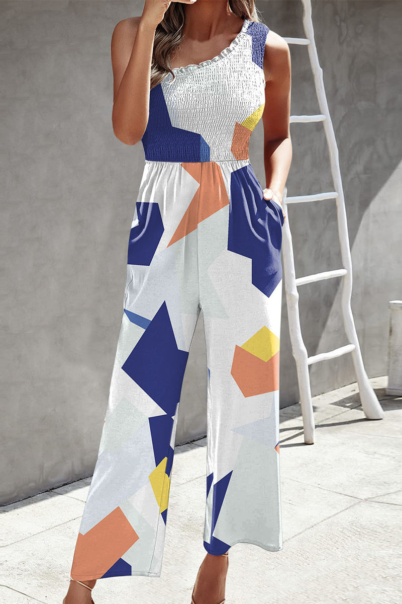 Casual Print Patchwork Bag Bias Collar Loose Jumpsuits con estampado patchwork.