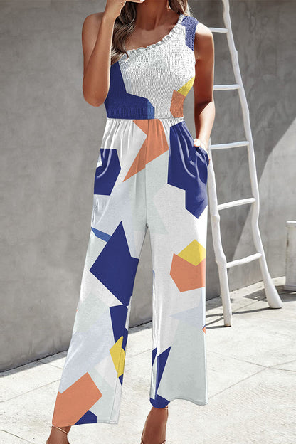 Casual Print Patchwork Bag Bias Collar Loose Jumpsuits con estampado patchwork.