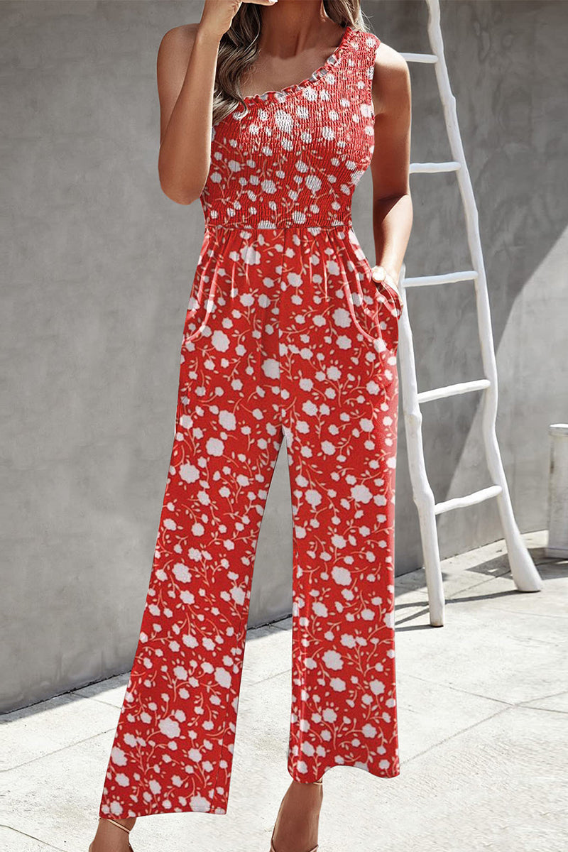 Casual Print Patchwork Bag Bias Collar Loose Jumpsuits con estampado patchwork.