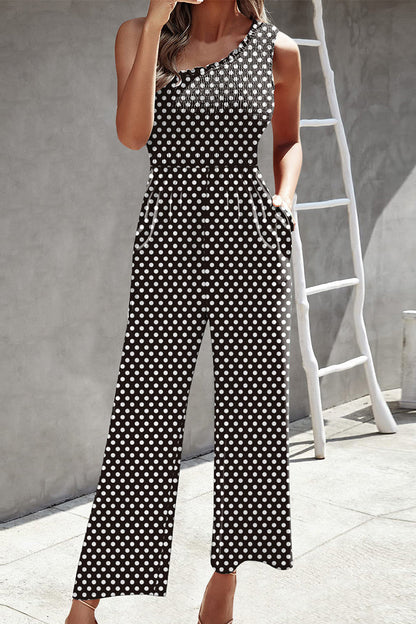 Casual Print Patchwork Bag Bias Collar Loose Jumpsuits con estampado patchwork.