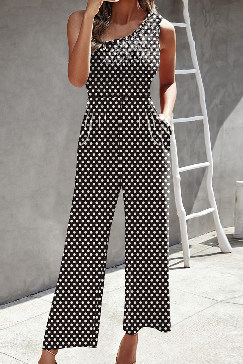 Casual Print Patchwork Bag Bias Collar Loose Jumpsuits.