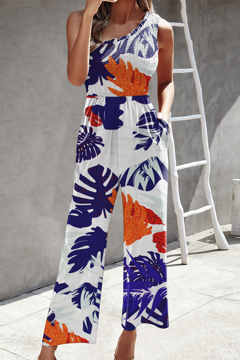 Casual Print Patchwork Bag Bias Collar Loose Jumpsuits con estampado patchwork.