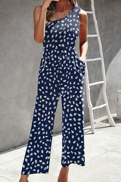 Casual Print Patchwork Bag Bias Collar Loose Jumpsuits con estampado patchwork.