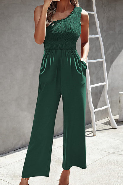 Casual Print Patchwork Bag Bias Collar Loose Jumpsuits con estampado patchwork.