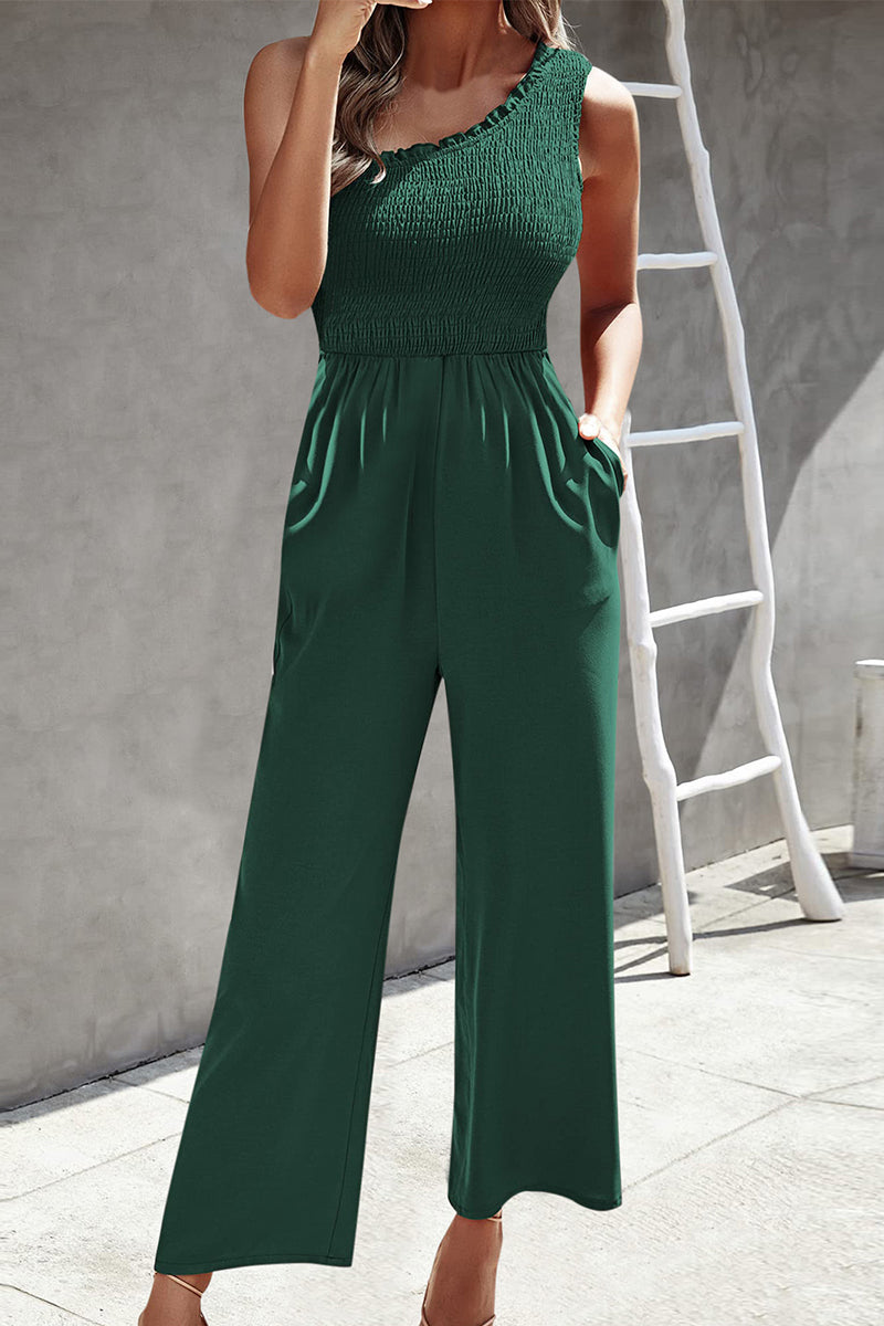 Casual Print Patchwork Bag Bias Collar Loose Jumpsuits.