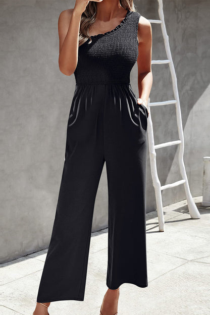 Casual Print Patchwork Bag Bias Collar Loose Jumpsuits con estampado patchwork.