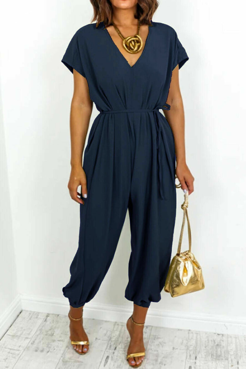 Casual Simplicity Solid Frenulum V Neck Loose Jumpsuits (11 colores)