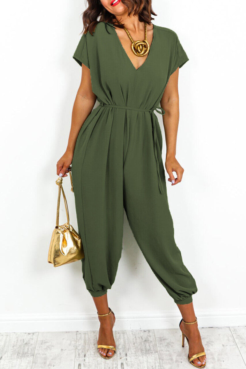 Casual Simplicity Solid Frenulum V Neck Loose Jumpsuits (11 colores)