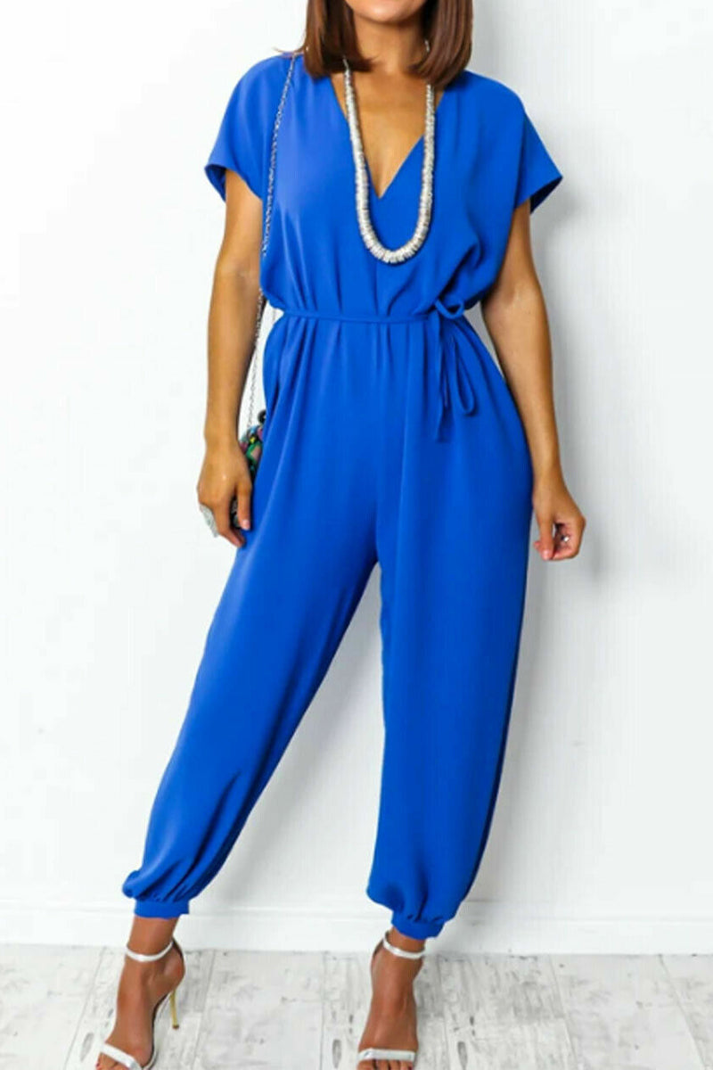 Casual Simplicity Solid Frenulum V Neck Loose Jumpsuits (11 colores)