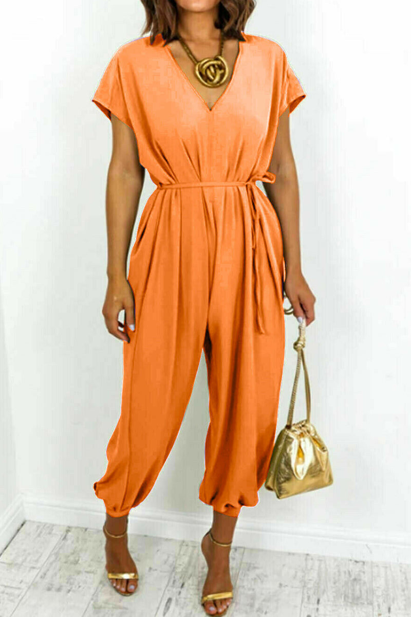 Casual Simplicity Solid Frenulum V Neck Loose Jumpsuits (11 colores)