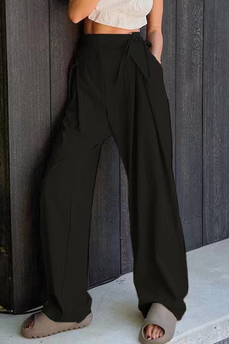 Casual Solid Frenulum Loose High Waist Straight Plain Pants