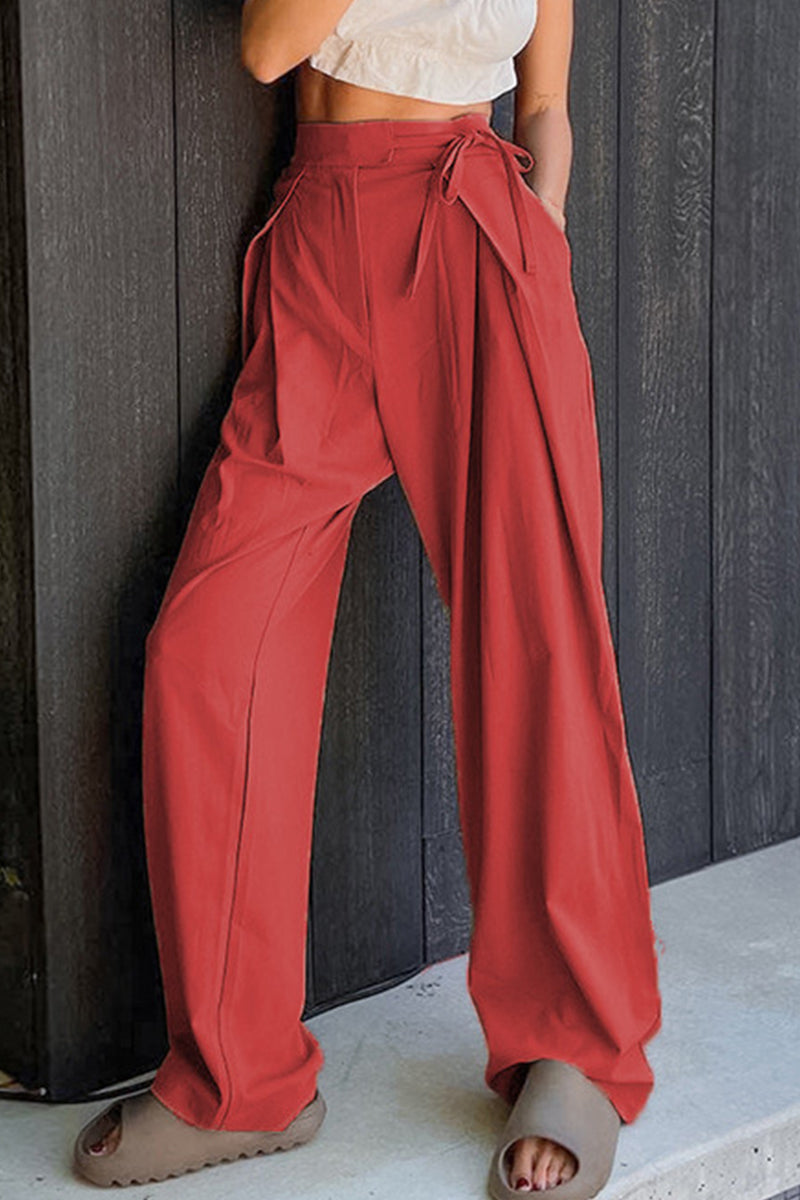Casual Solid Frenulum Loose High Waist Straight Plain Pants