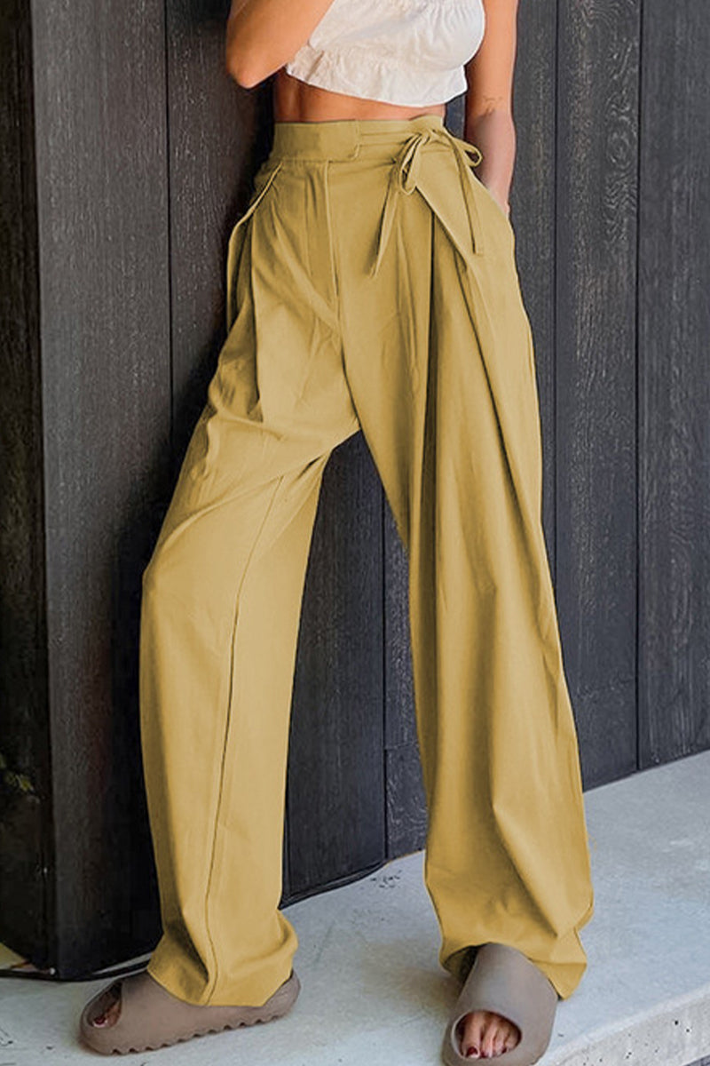 Casual Solid Frenulum Loose High Waist Straight Plain Pants