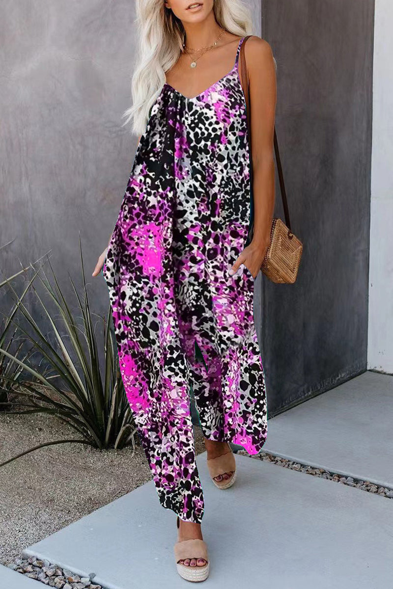 Casual Street Print Pocket V-Neck Loose Jumpsuits