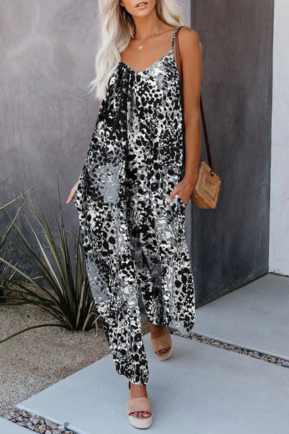 Casual Street Print Pocket V-Neck Loose Jumpsuits