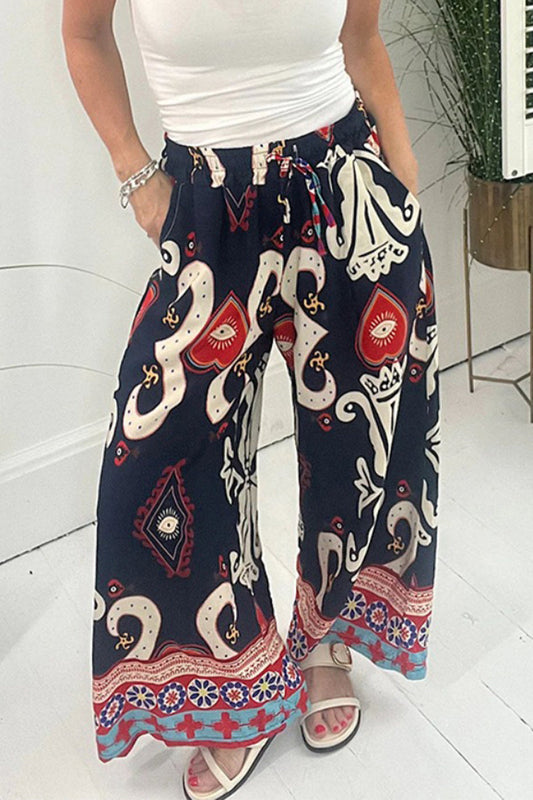 Casual- Printed Pocket Loose-Wide Leg Fully Printed Pantalones