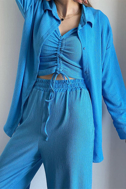 Casual Solid Draw String Fold Turndown Collar Long Sleeve Three-Piece (Camisa Chaleco Pantalones)