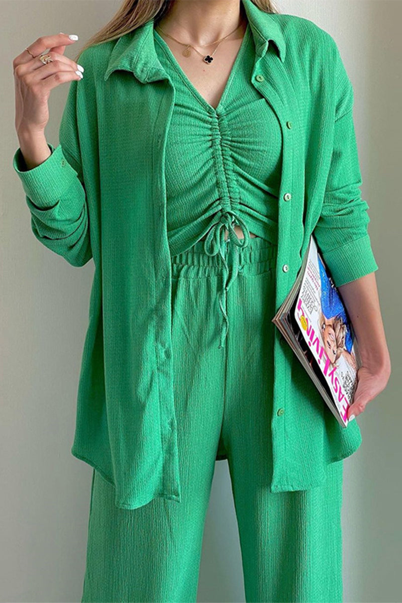Casual Solid Draw String Fold Turndown Collar Long Sleeve Three-Piece (Camisa Chaleco Pantalones)