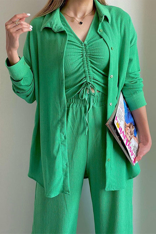 Casual Solid Draw String Fold Turndown Collar Long Sleeve Three-Piece (Camisa Chaleco Pantalones)