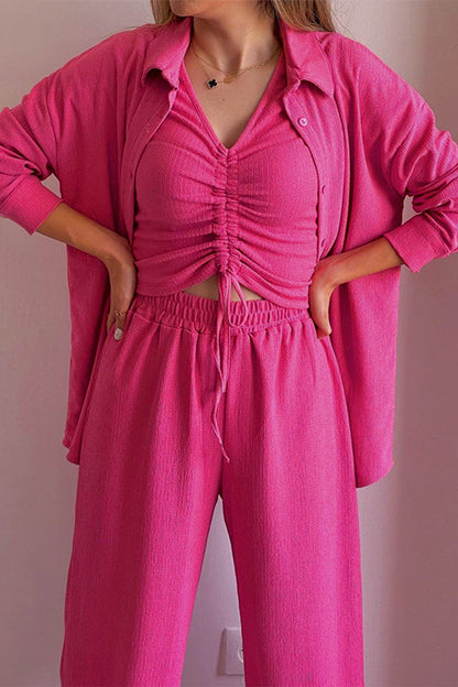 Casual Solid Draw String Fold Turndown Collar Long Sleeve Three-Piece (Camisa Chaleco Pantalones)