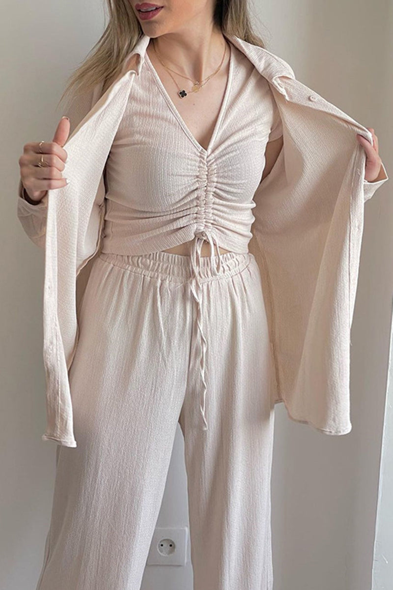 Casual Solid Draw String Fold Turndown Collar Long Sleeve Three-Piece (Camisa Chaleco Pantalones)